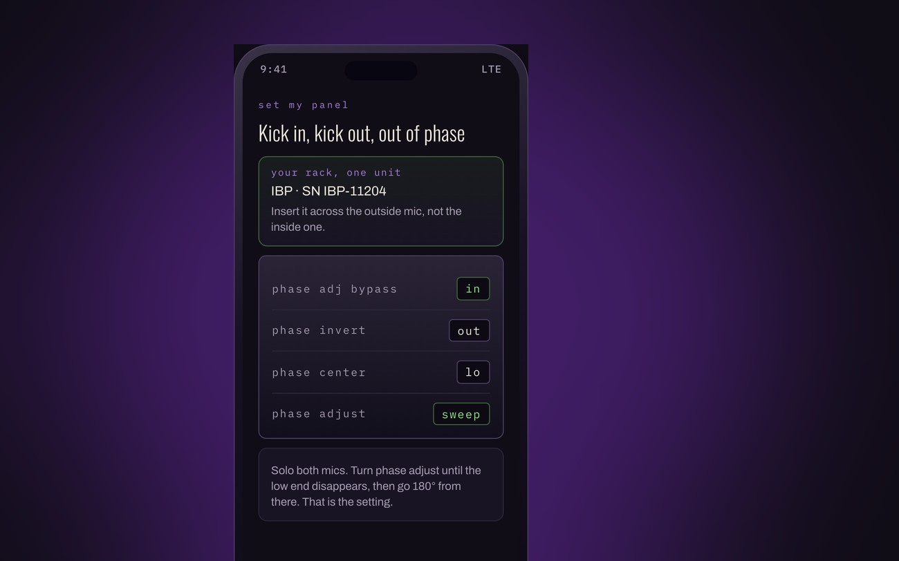 The Little Labs owners app, showing an IBP front panel set for a kick drum